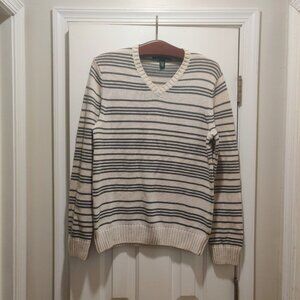Kenneth Cole Knitted Striped Men's Sweater - Ivory And Gray - Medium